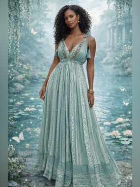 ETHEREAL Blue-Sage Boho Maxi Dress Rope Strap Tassel Detail